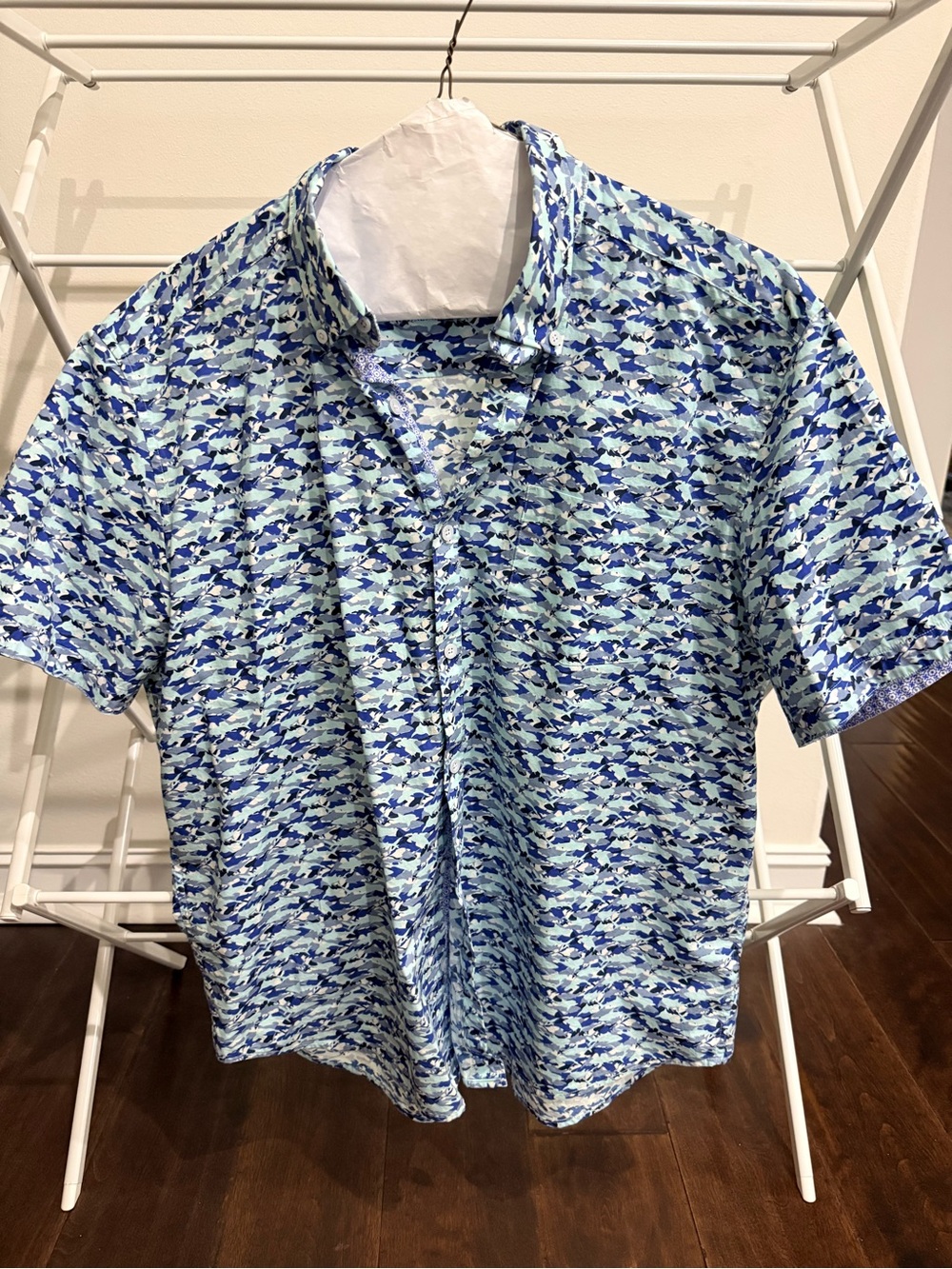 Johnson & Murphy Men's Short-Sleeve Blue Patterned Button-Up Shirt - Size XL